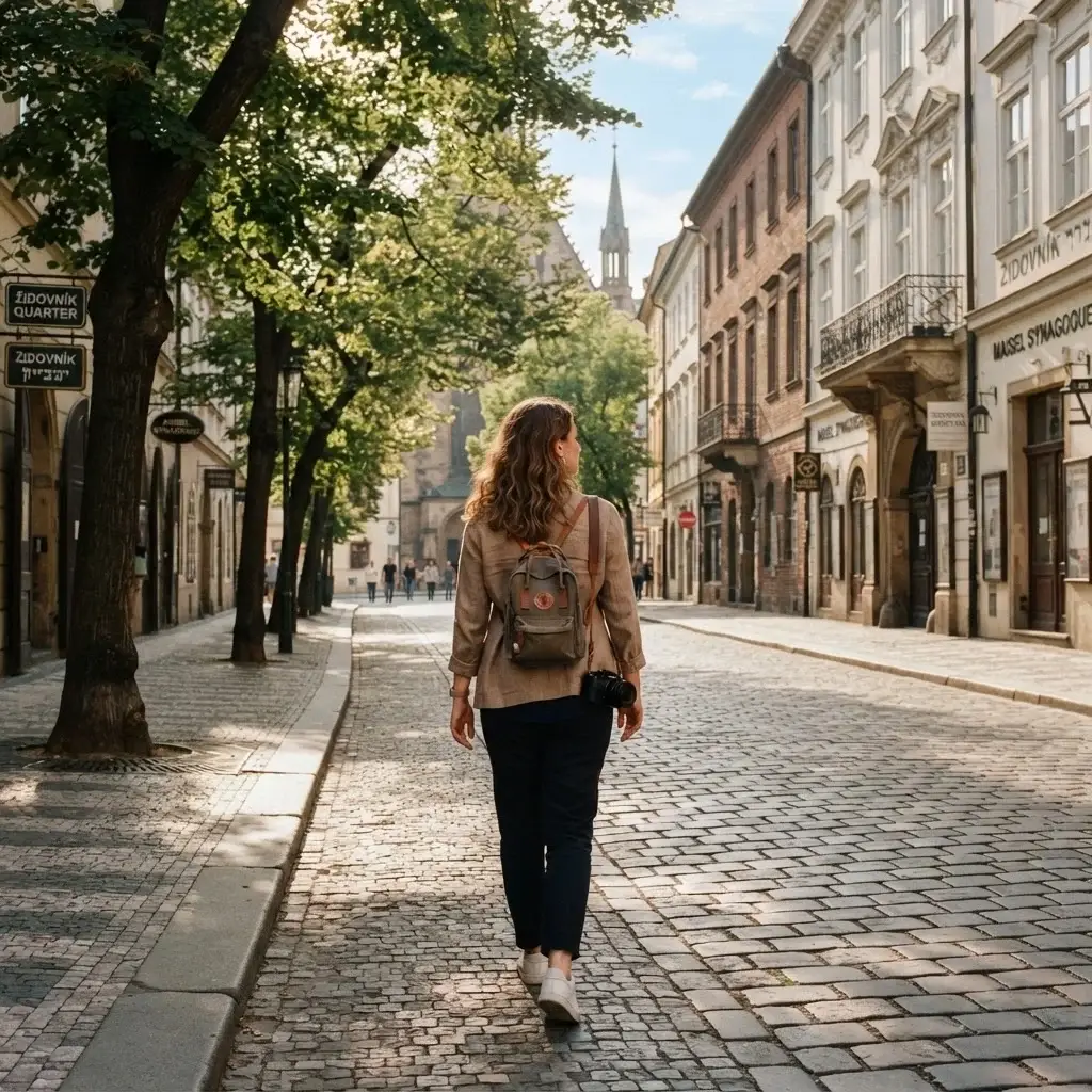 A young woman with a mirrorless camera walking down a quiet, tree-lined street in the historic Josefov Jewish Quarter of Prague.