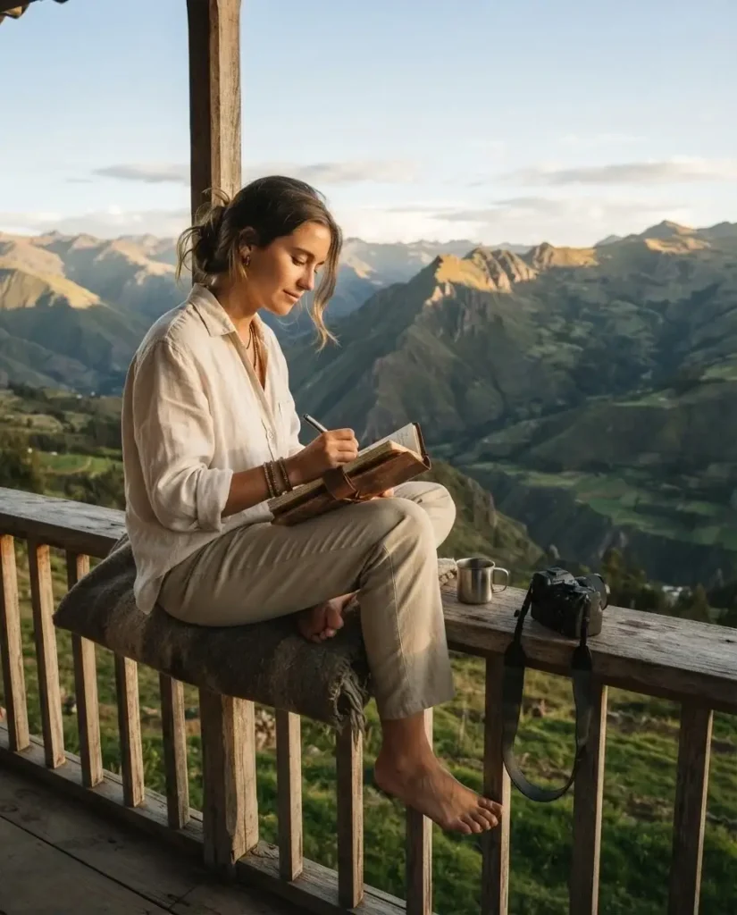 Solo female traveler writing in a journal on a wooden balcony surrounded by green Andean mountains in Peru golden hour light