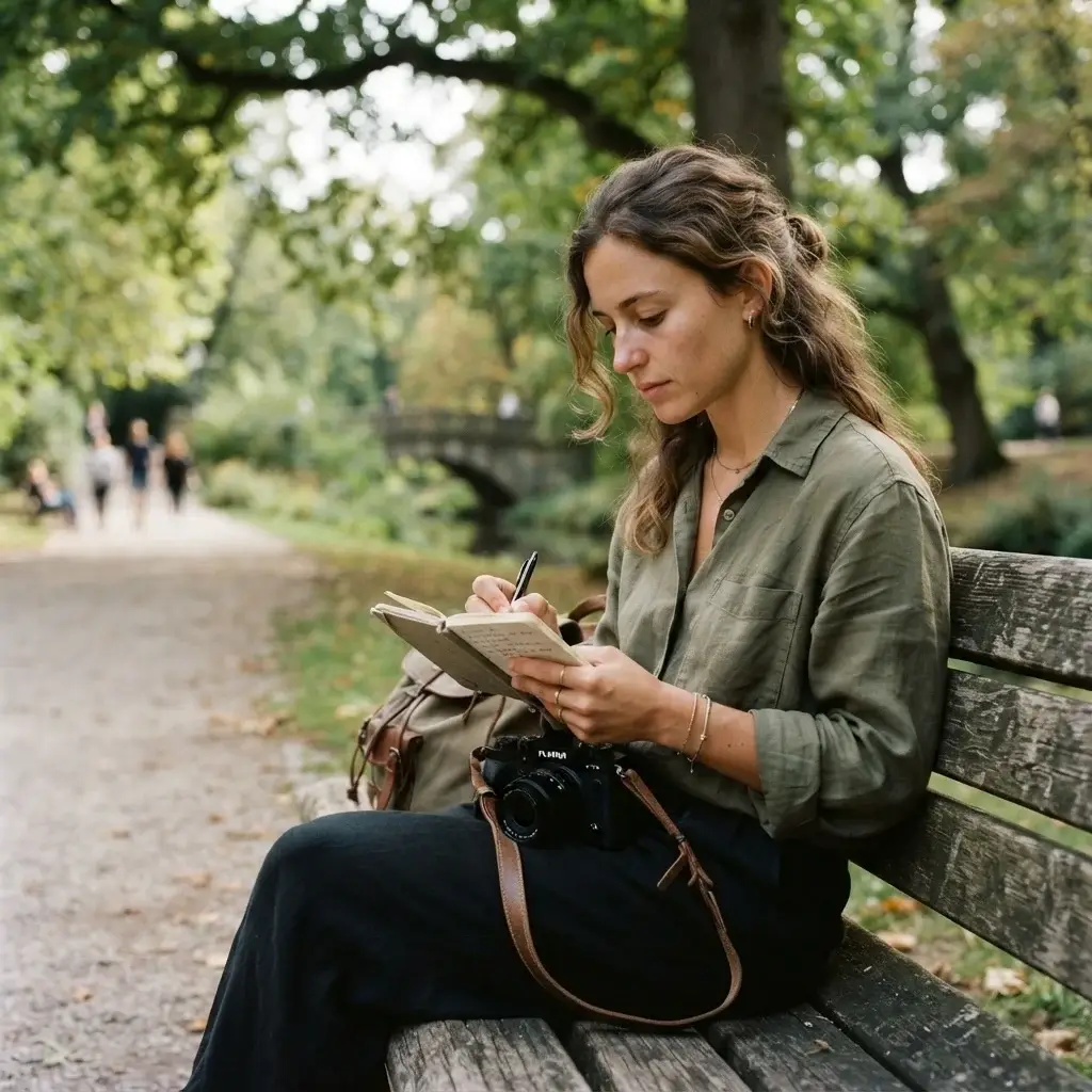 A 20-something solo traveler sitting on a quiet stone bench in a city park, writing in a travel journal with a mirrorless camera resting beside her.