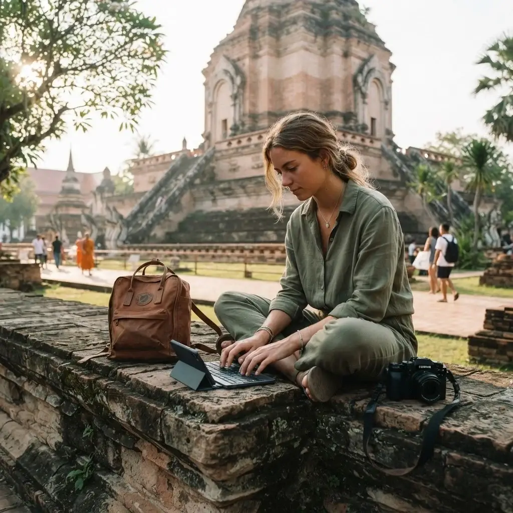 A young female traveler in linen clothing sitting on a stone bench in a historic temple complex, typing on a small foldable keyboard, with a mirrorless camera resting nearby.