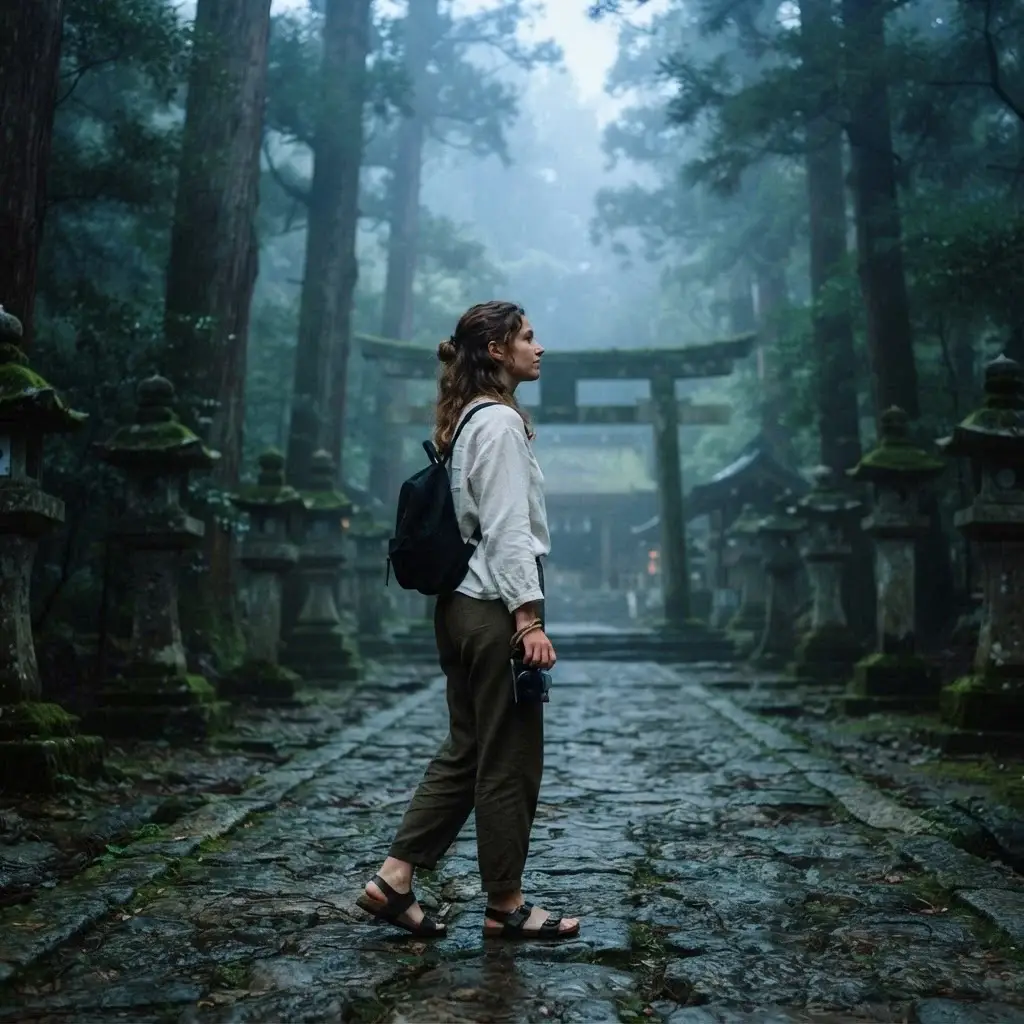Female solo traveler with brown hair and linen travel clothes walking a stone lantern path toward a moss-covered Kyoto temple at misty morning light, compact camera hanging from wrist strap