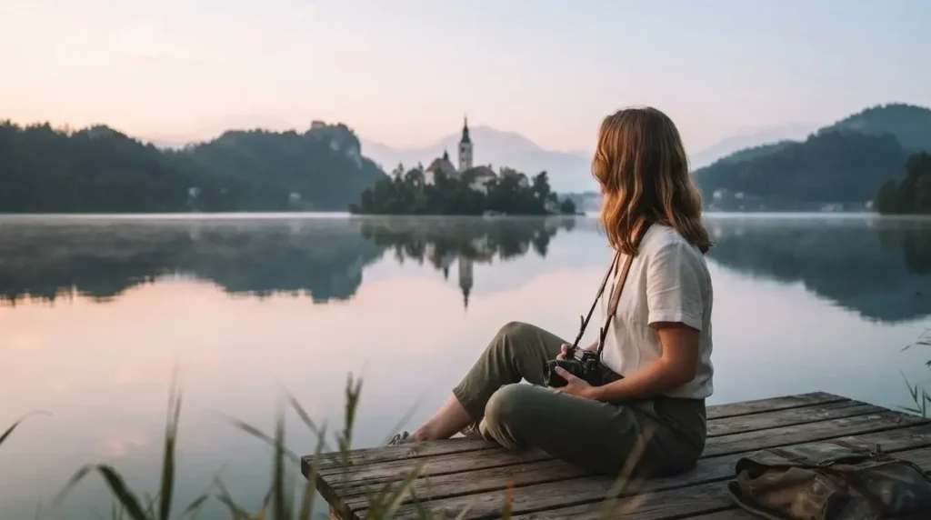 A candid shot of solo traveler Emma Collins holding her mirrorless camera while standing on the shore of Lake Bled, Slovenia, with the island church in the soft-focus background.