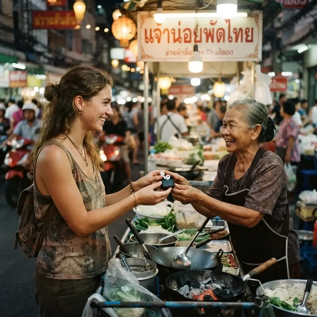 A warm, eye-level shot of a female traveler with brown hair smiling while handing a wireless earbud to a local Thai street food vendor, capturing a moment of genuine cross-cultural connection in a busy market.