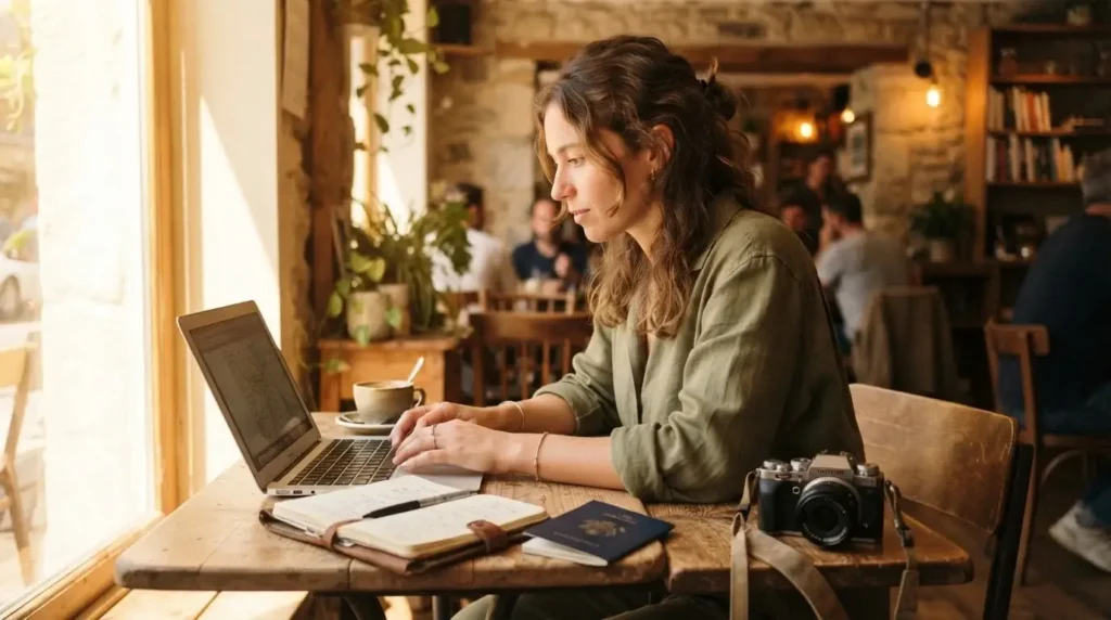 Young woman solo traveler searching for cheap flights on laptop at a sunlit cafe table, travel notebook and passport beside her, warm ambient light