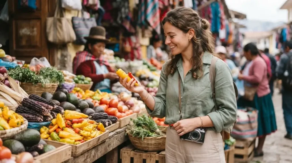 Solo female traveler examining fresh chili peppers at a colorful Latin American market stall before a cooking class