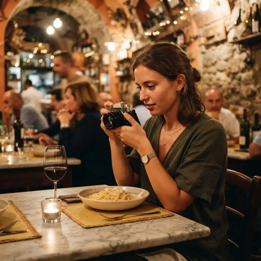 Young female solo traveler in casual linen top photographing a candlelit dinner scene inside a warmly lit traditional Roman trattoria, compact mirrorless camera held naturally at table level