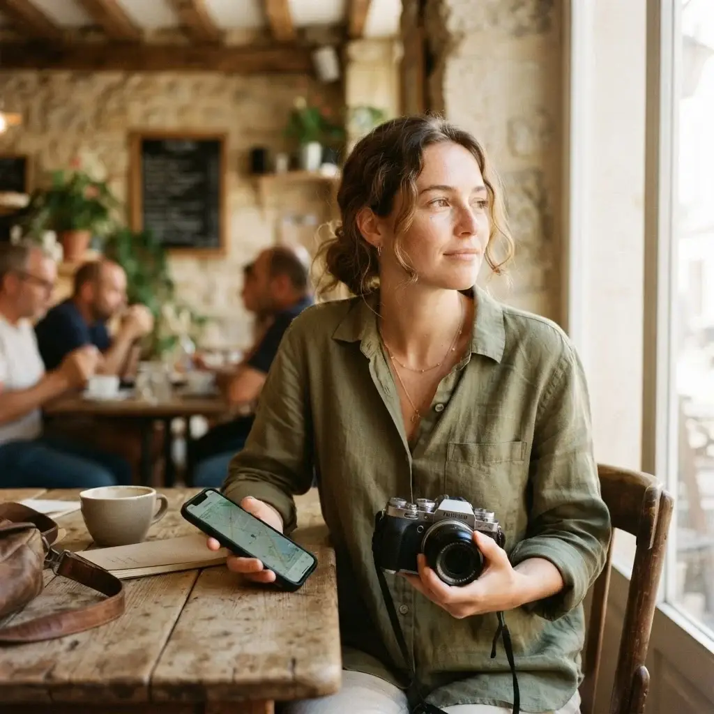 A young woman with brown hair sitting in a sunlit, rustic cafe, choosing only a smartphone and a single camera for her minimalist travel kit.