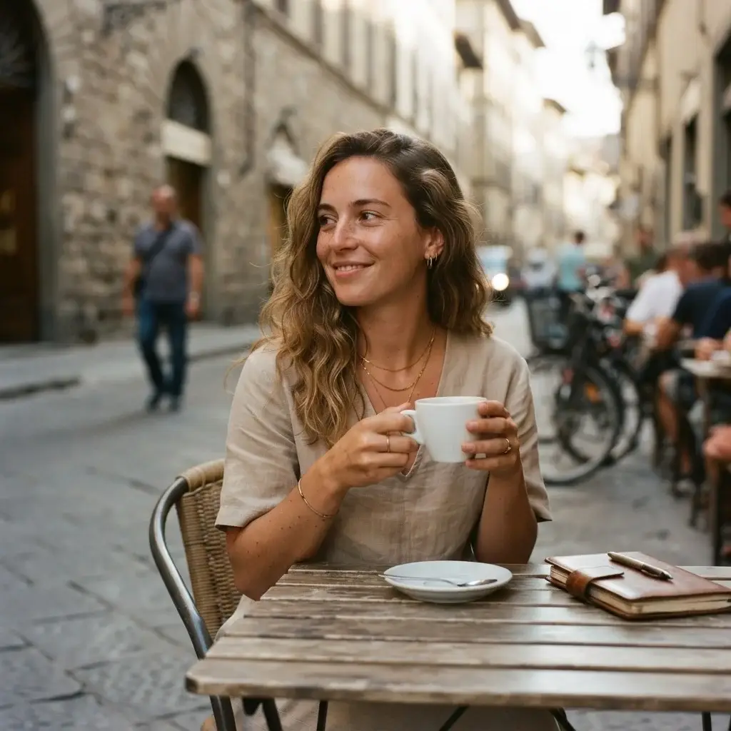 A young woman with brown hair, wearing a linen shirt, sitting at a small bistro table in a bustling European cafe, observing street life while holding a coffee mug.
