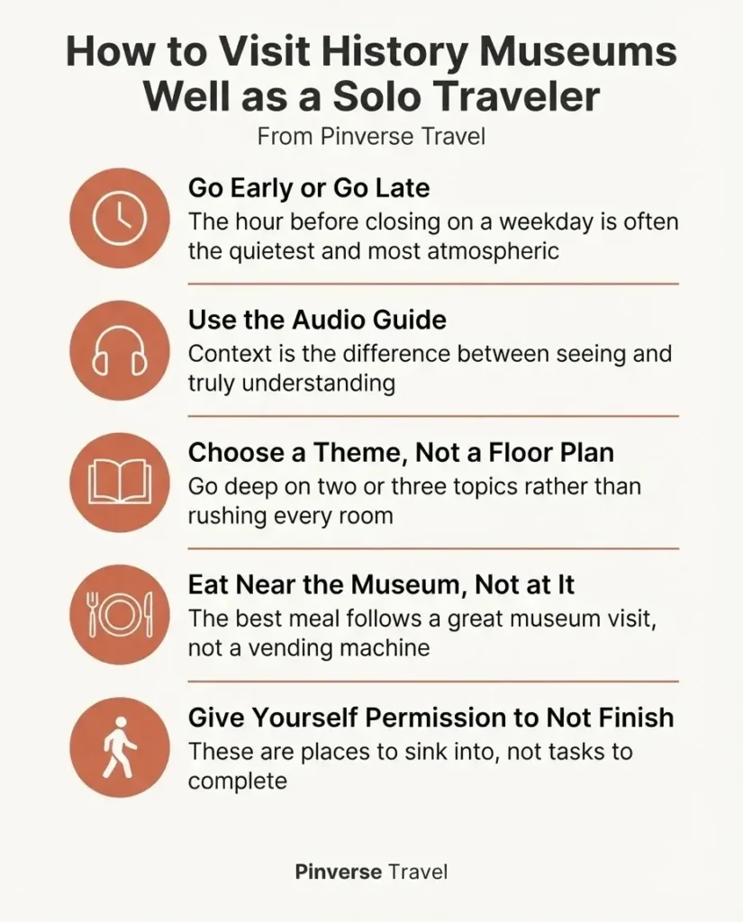 Illustrated checklist infographic with solo travel tips for visiting history museums including go early, use audio guides, and allow yourself to not finish