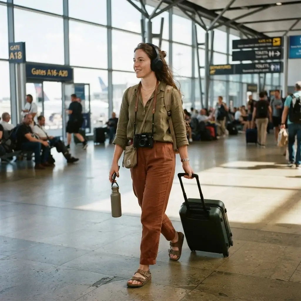 A solo female traveler in linen clothing walking through a modern airport terminal, carrying a camera and wearing noise-canceling headphones, representing the reality of independent travel.