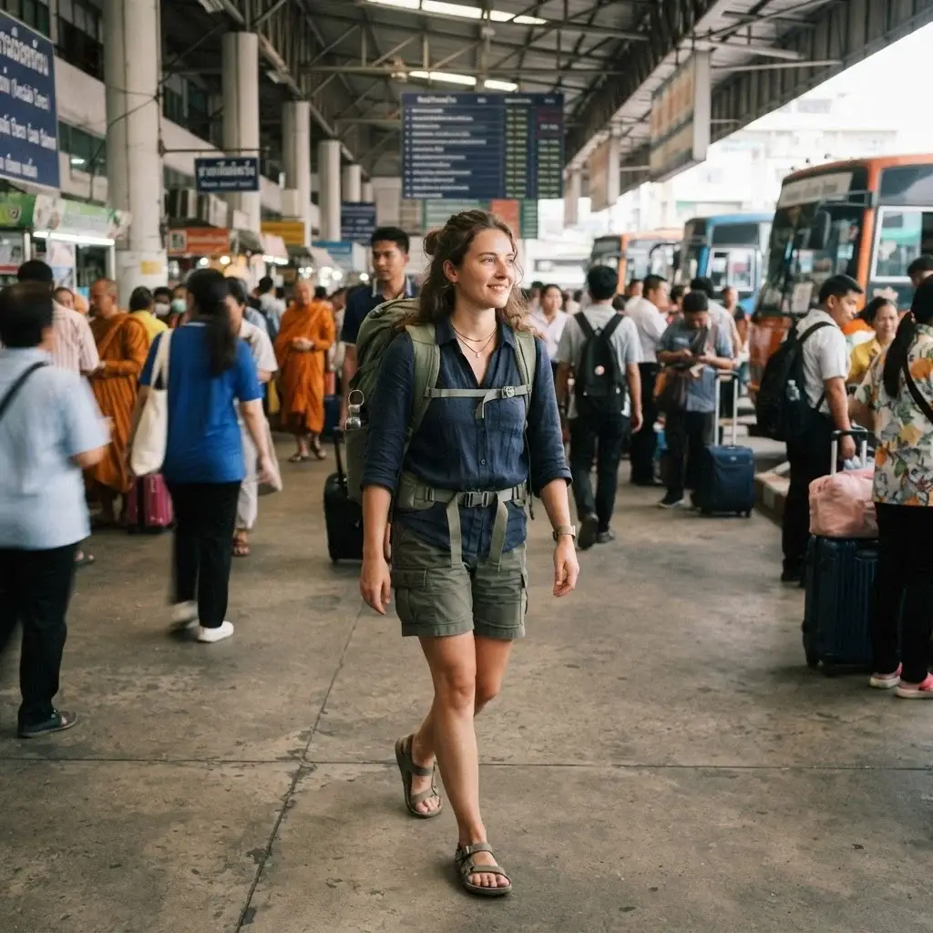 A young solo female traveler wearing a 40-liter backpack walking through a busy Bangkok bus station, captured in a candid, natural moment of movement.