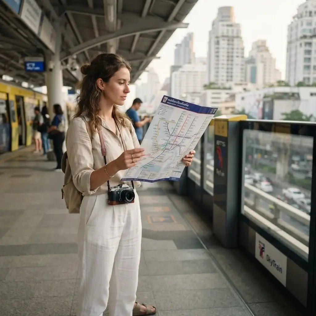 A candid shot of a young woman in linen travel clothing navigating a modern, elevated train platform in Bangkok during the golden hour, holding a map and mirrorless camera.