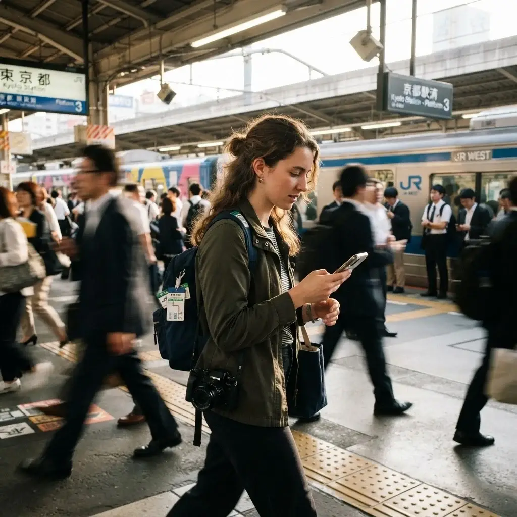 A young woman with a mirrorless camera navigating a bustling train station in Asia, checking her phone for ride-hailing navigation.