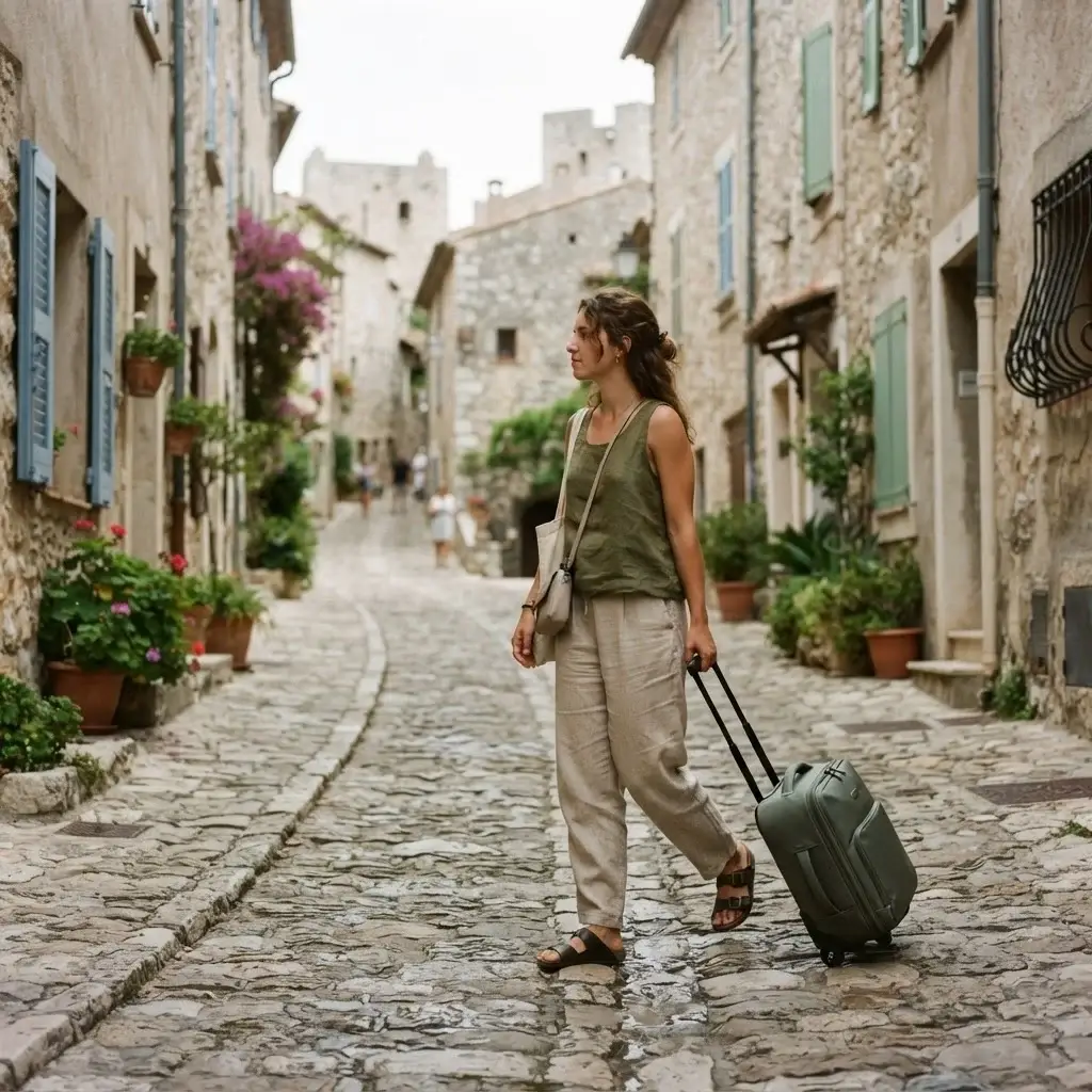A solo female traveler pulling a compact, high-quality travel backpack across a historic cobblestone street in an old European town during daylight.