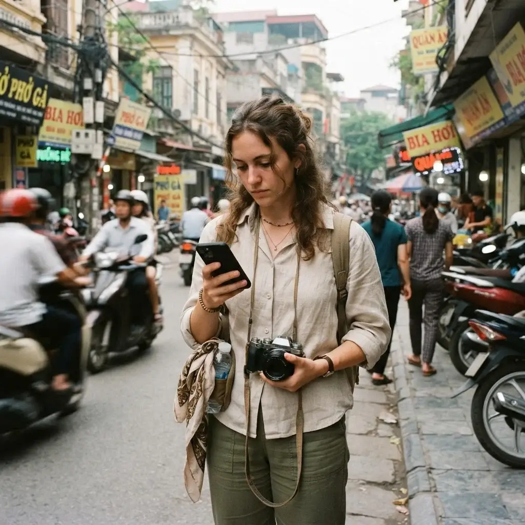A young solo traveler looking at a map on her phone while standing on a busy, vibrant street in Hanoi, Vietnam, during the humid morning.