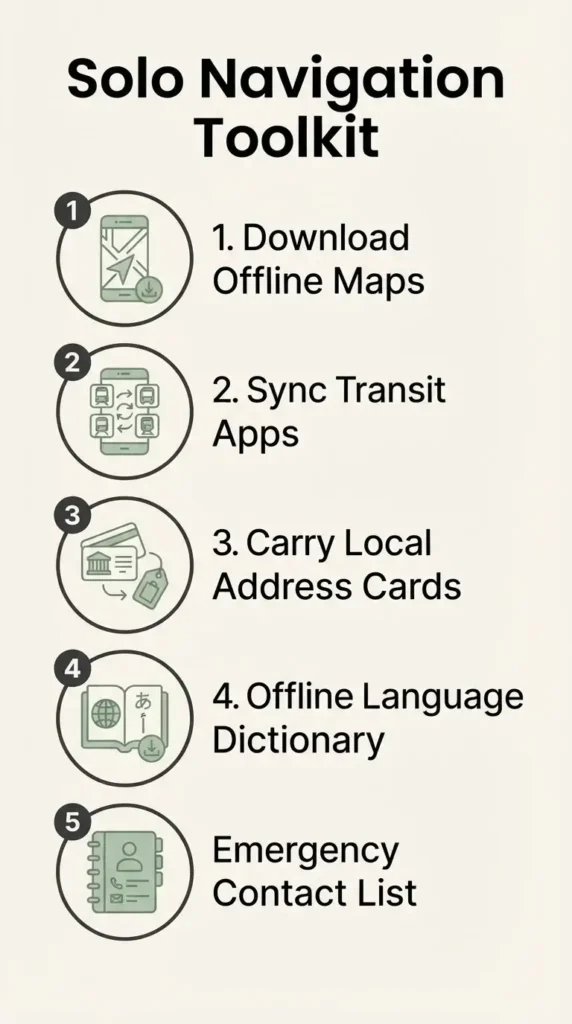 An infographic checklist for solo travelers featuring essential navigation tools including offline maps, transit apps, and local language address cards.