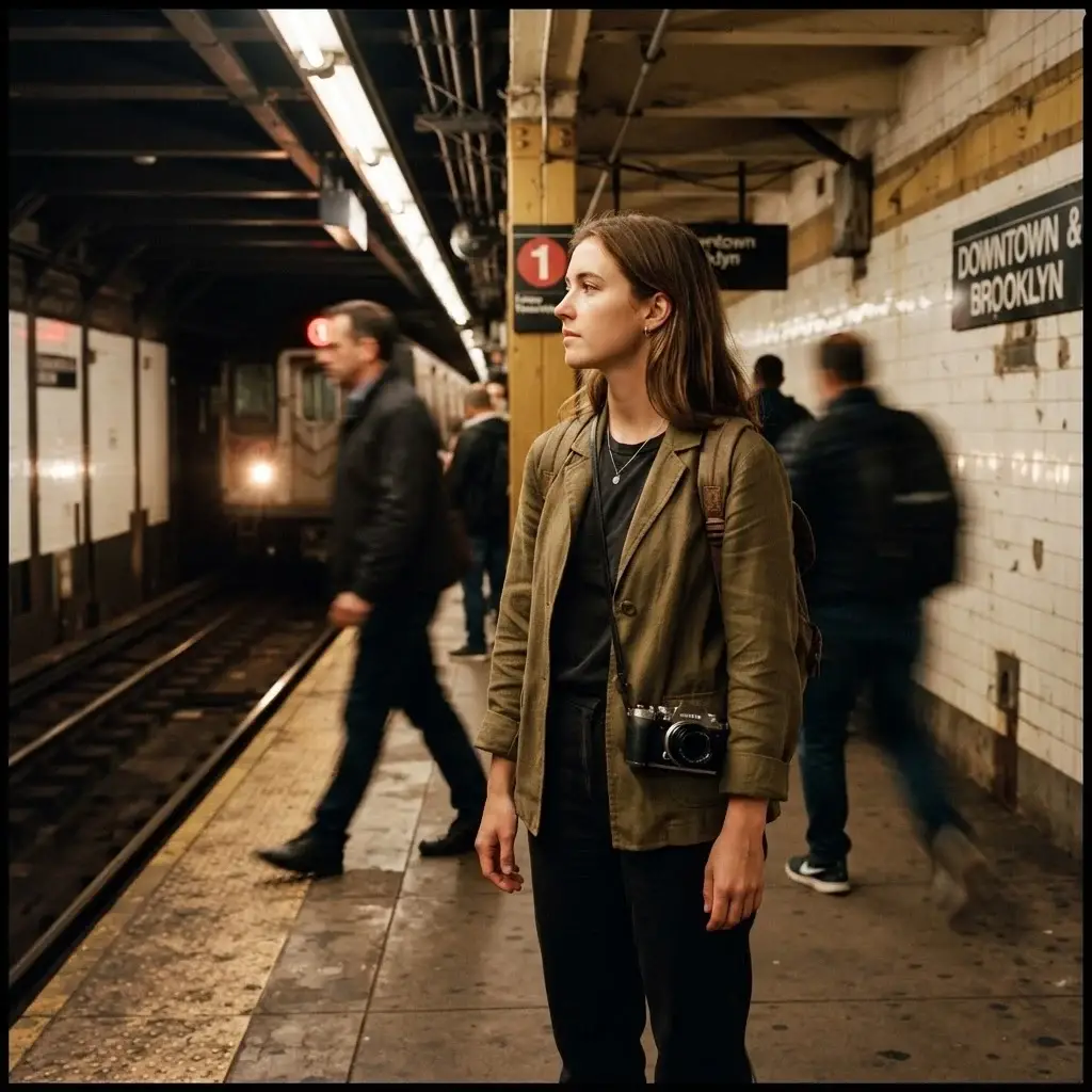Young female solo traveler standing on a New York City subway platform with yellow tiled walls and a train arriving in warm underground light
