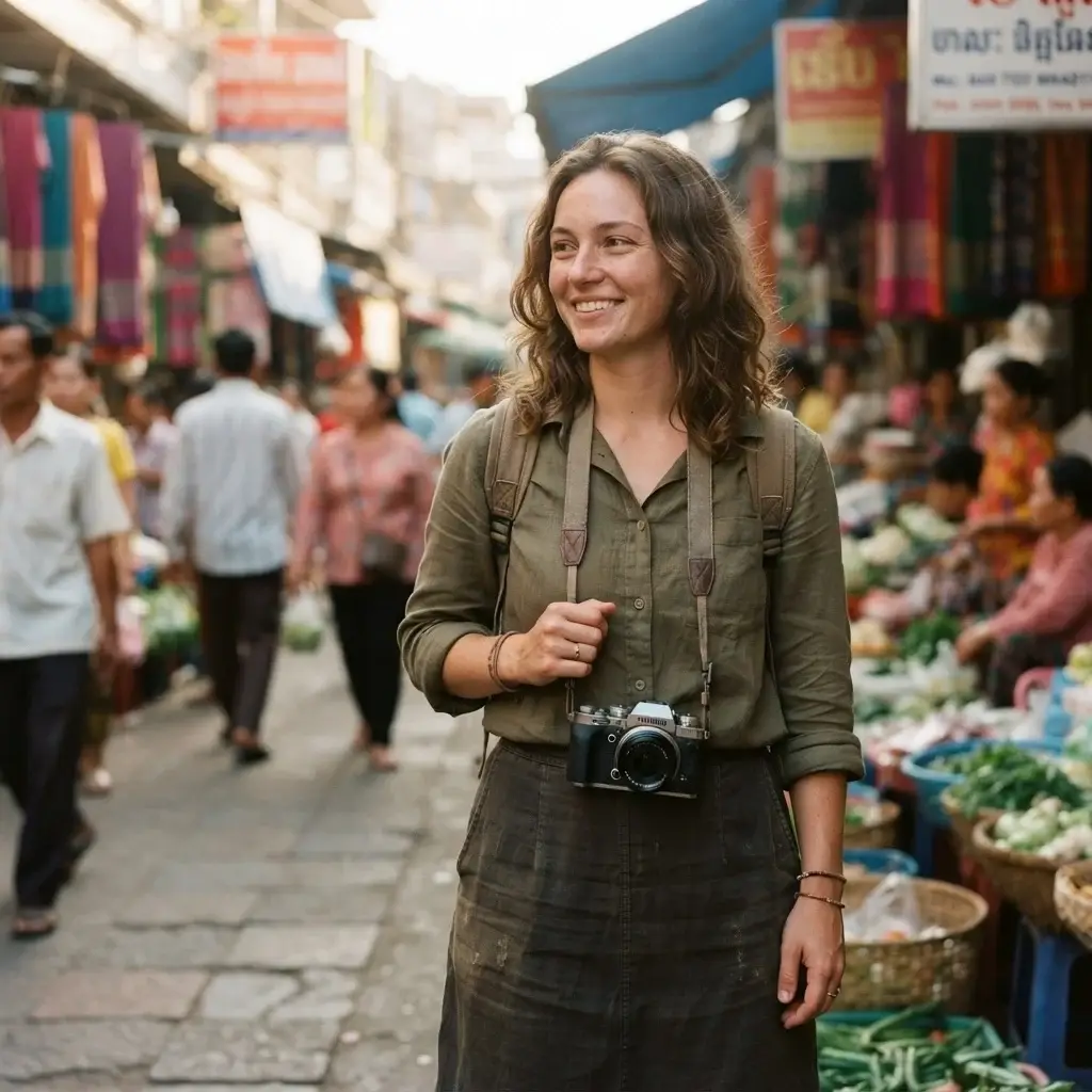 A female traveler in linen clothing observing a vibrant, bustling local market with curiosity, capturing the essence of authentic cultural immersion.