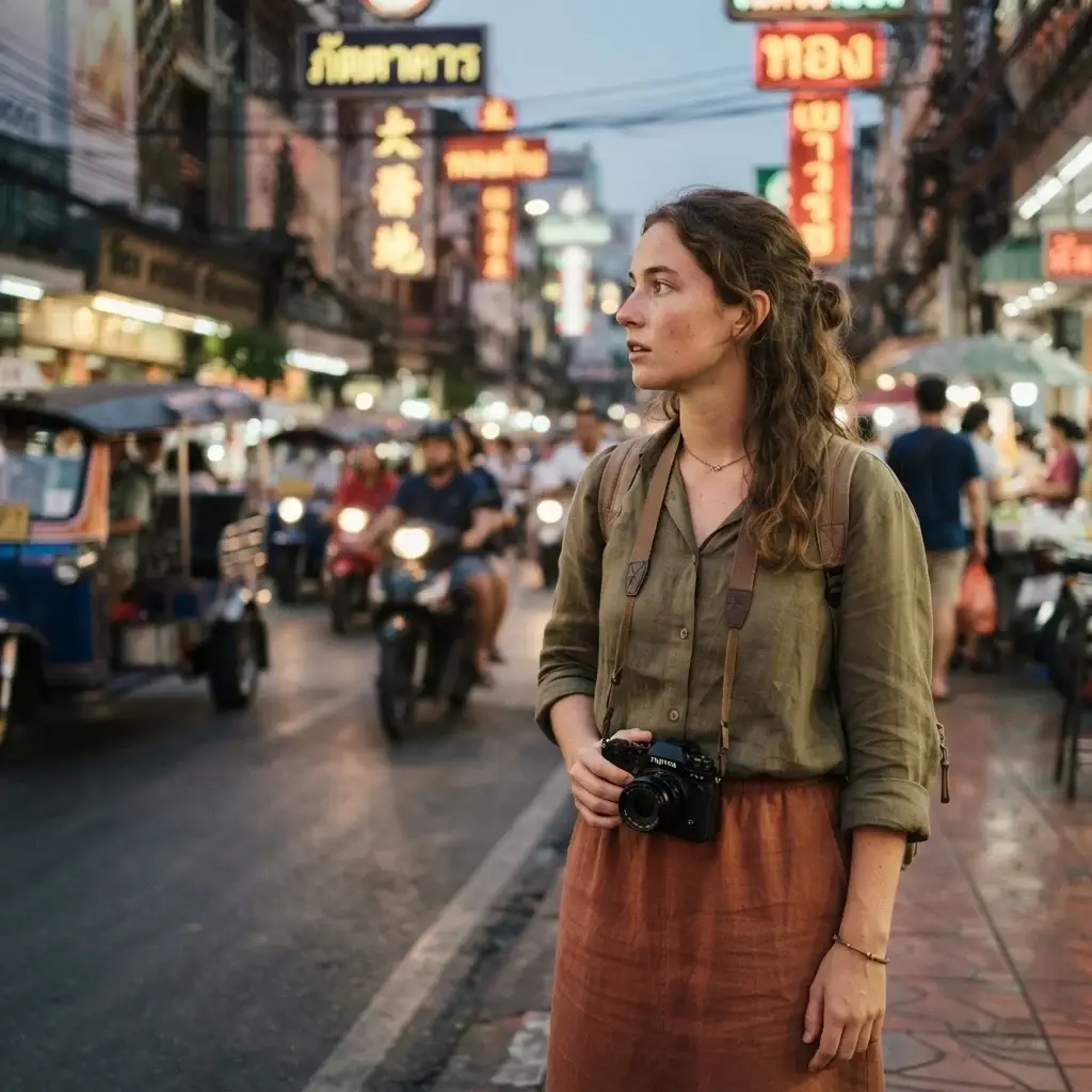 A young solo traveler standing unobtrusively on a busy Bangkok street corner, holding a mirrorless camera and watching local life unfold.