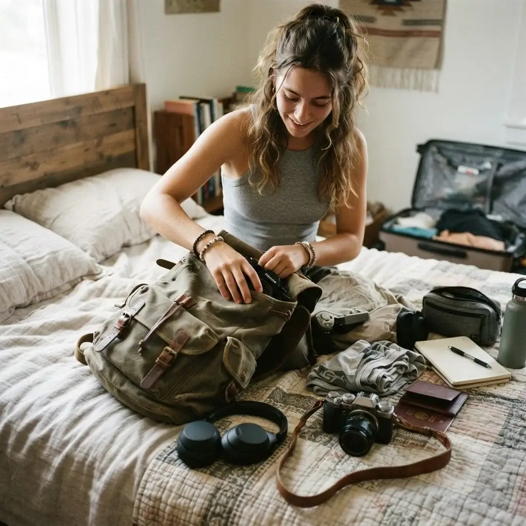 An authentic eye-level shot of a female solo traveler carefully packing her camera and noise-canceling headphones into a canvas travel backpack, highlighting travel preparation.