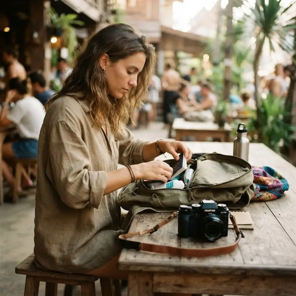 A young solo traveler carefully organizing her lightweight packing gear and power bank in a sunny, minimalist hostel room in Thailand.