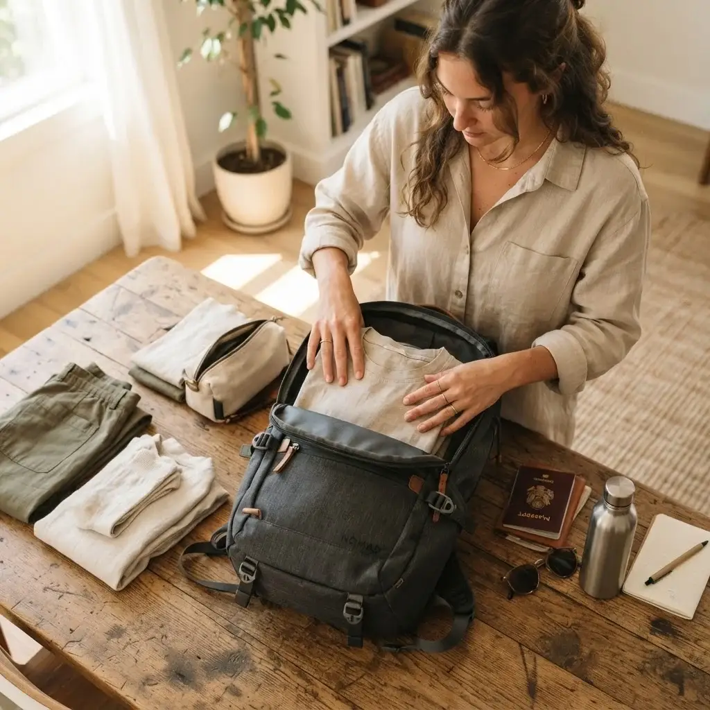 A young solo traveler with brown hair packing a minimalist travel backpack on a wooden table in a sunlit room, focusing on lightweight gear for a tropical trip.