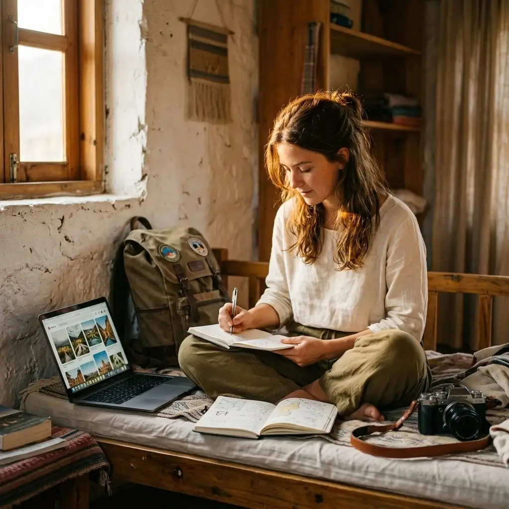 Solo female traveler sitting cross-legged on a hostel bed with a travel notebook and open laptop, warm golden-hour light through a window, earthy linen clothes, candid planning moment