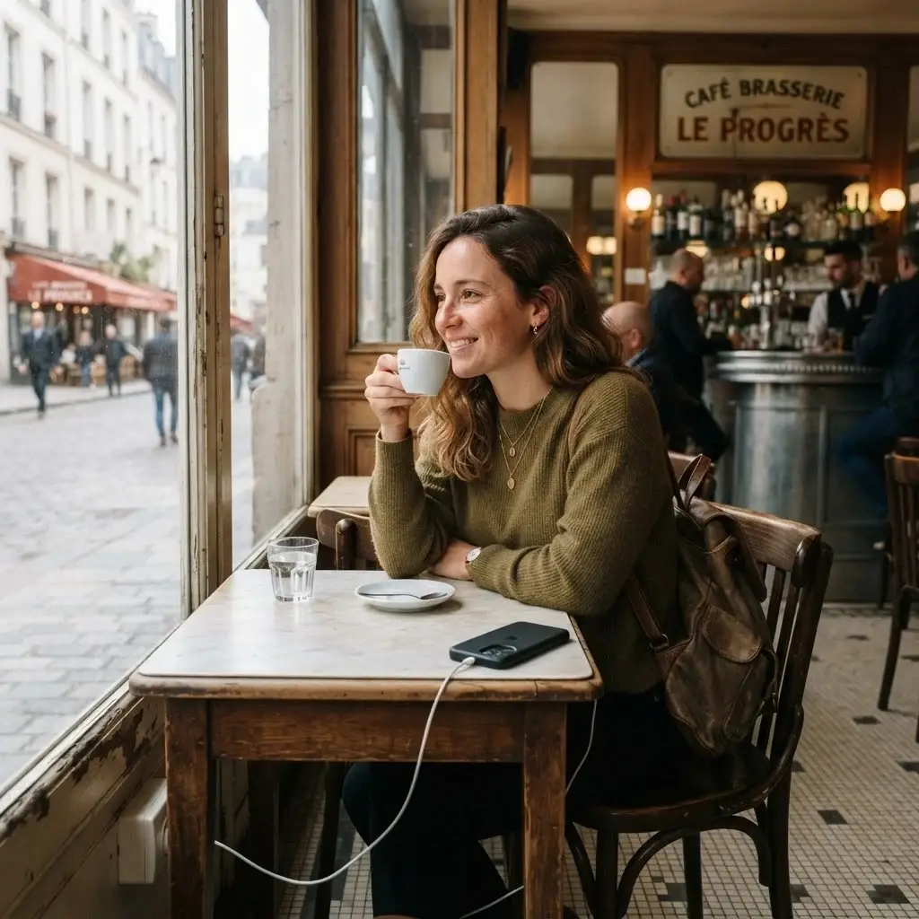 A young solo traveler politely charging her phone in a quiet corner of a traditional French cafe in Paris, sipping coffee and observing the local street scene.