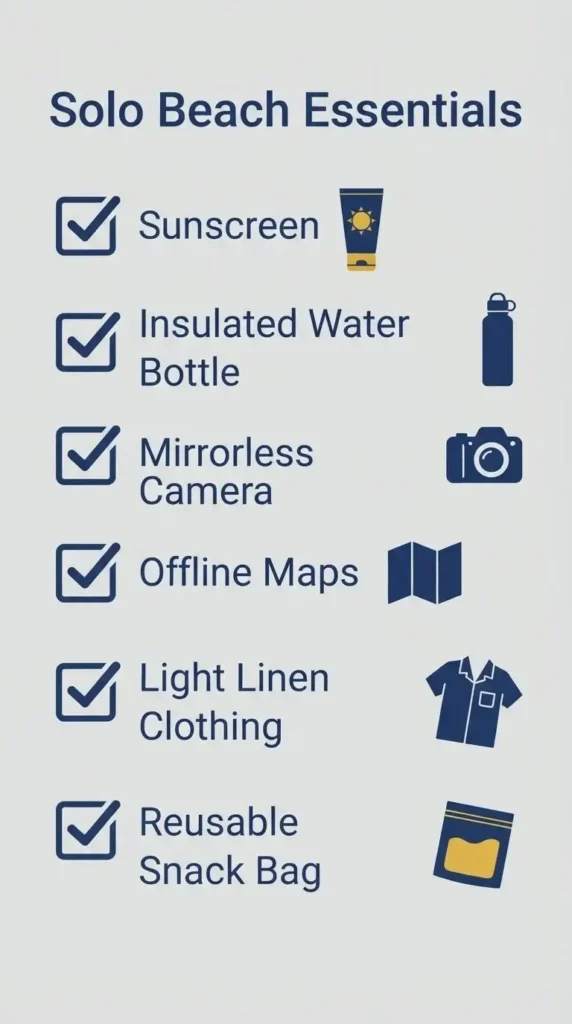A clean, vertical checklist infographic for a solo traveler heading to the Portuguese coast, featuring icons for essential items like water, sunscreen, camera, and maps.
