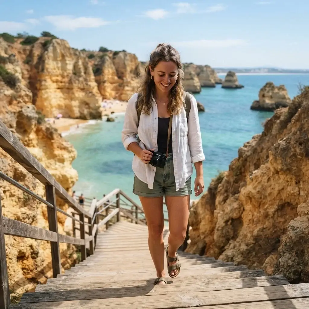 A young solo traveler with brown hair walking down the steep wooden stairs of Praia do Camilo in Lagos, Portugal, with stunning golden cliffs and turquoise water in the background.