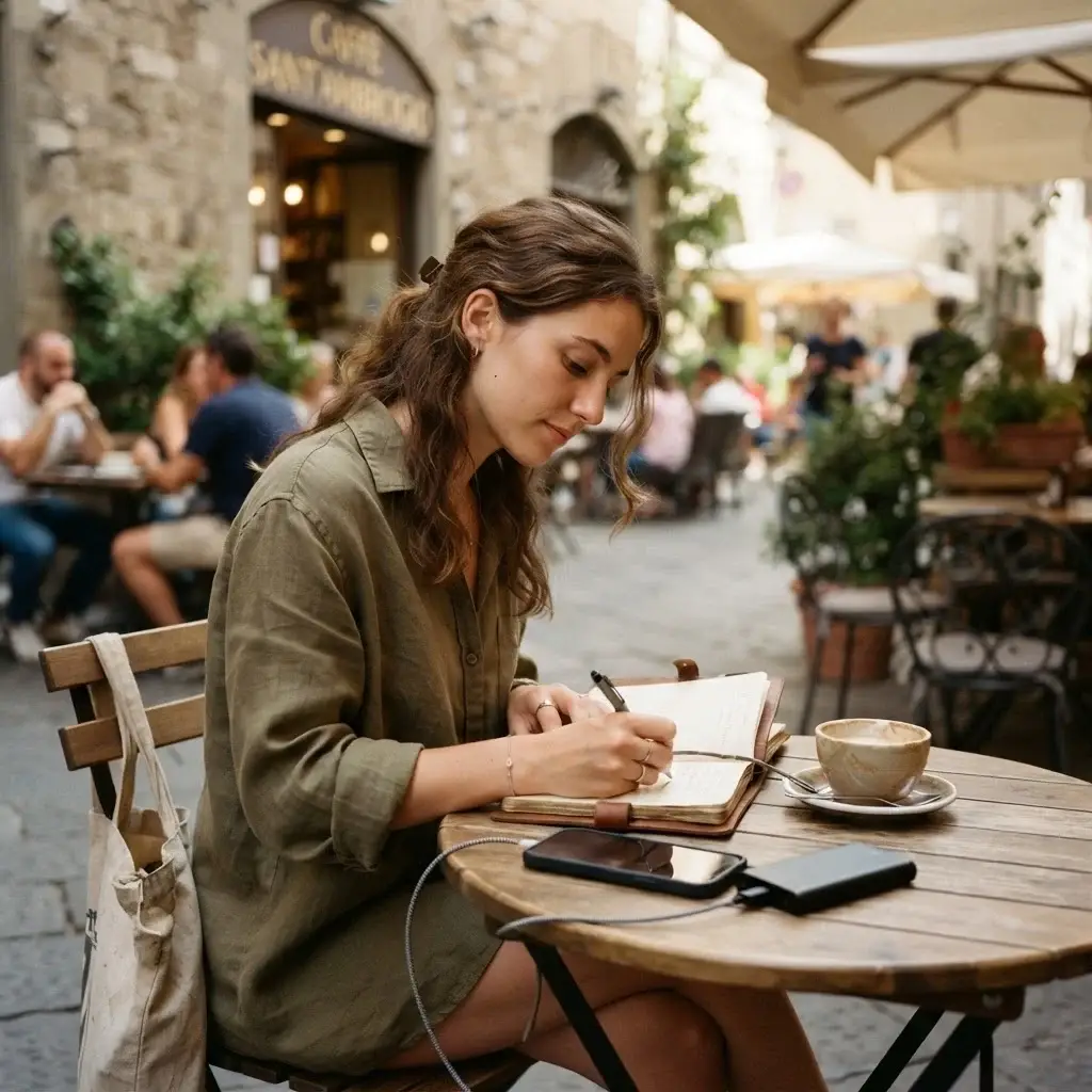 A calm female traveler sitting at a local outdoor cafe, journaling while her phone charges nearby, enjoying a peaceful moment in a European city.
