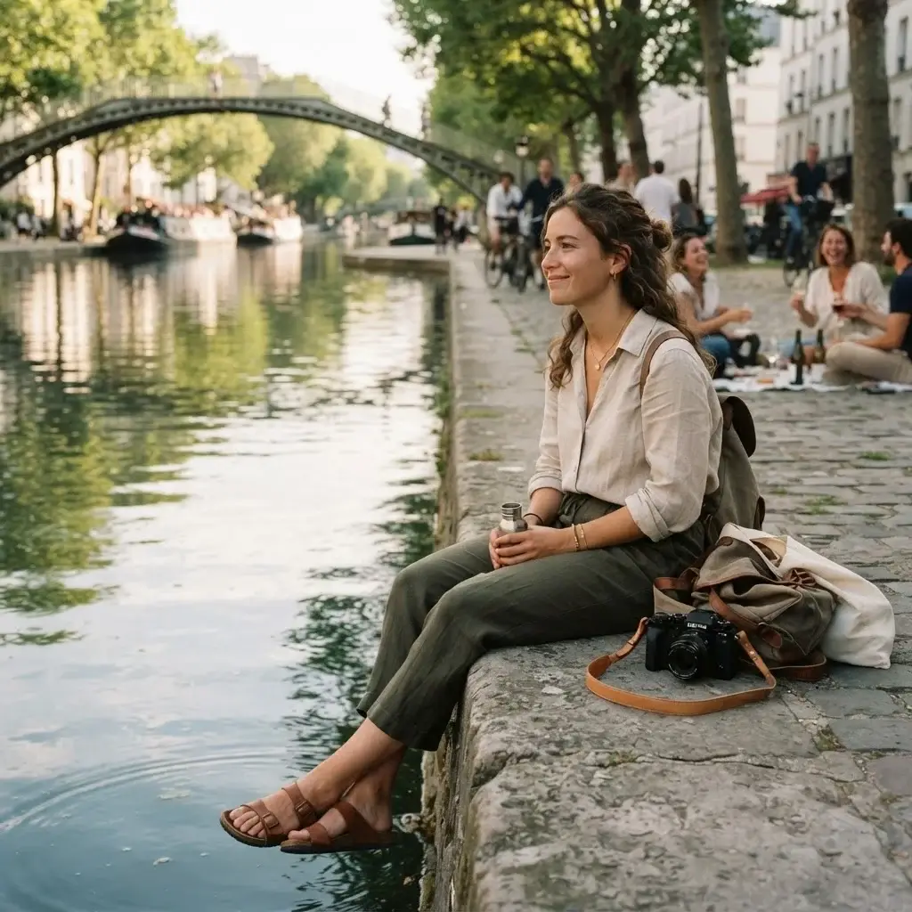 A young solo female traveler with a mirrorless camera sitting on the stone edge of Canal Saint-Martin in Paris, enjoying a peaceful afternoon.