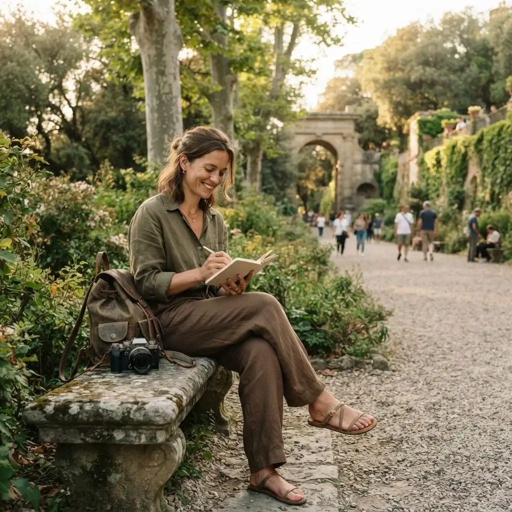 A solo female traveler sitting on a stone bench in a leafy, historic city park, resting and writing in a journal with a camera bag nearby.