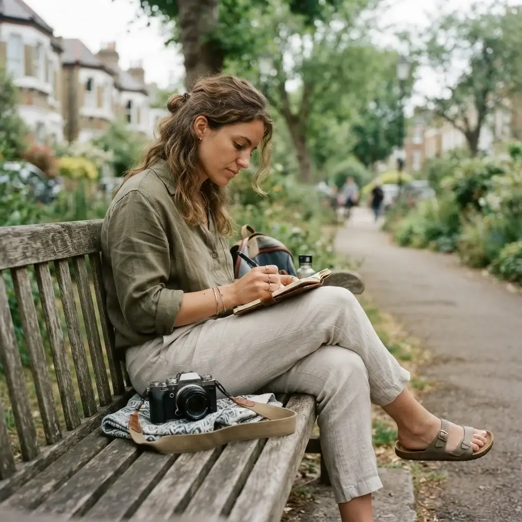 A solo traveler sitting on a park bench in a quiet residential neighborhood, holding a camera and enjoying the peaceful atmosphere of her temporary home.