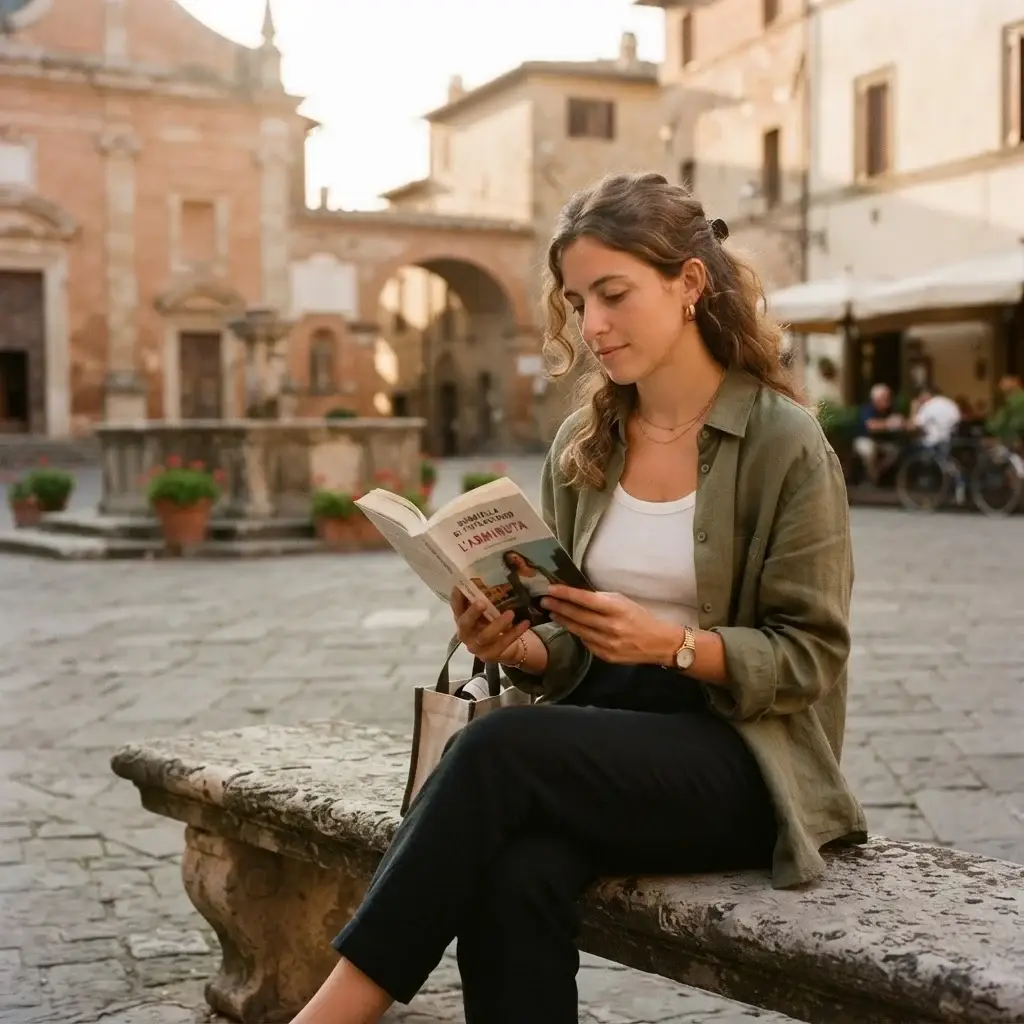 A relaxed solo traveler reading a book in a quiet, sun-dappled Italian piazza during the peaceful afternoon hours, with closed shop doors in the background.