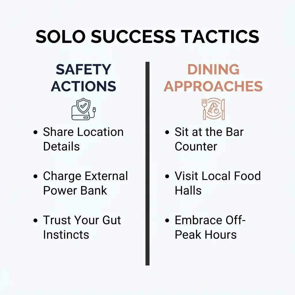 A side-by-side minimalist comparison chart titled Solo Success Tactics outlining Safety Actions on the left and Dining Approaches on the right.