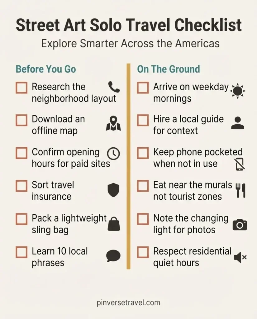 Minimalist infographic checklist of practical solo traveler tips for exploring street art neighborhoods across North and South America