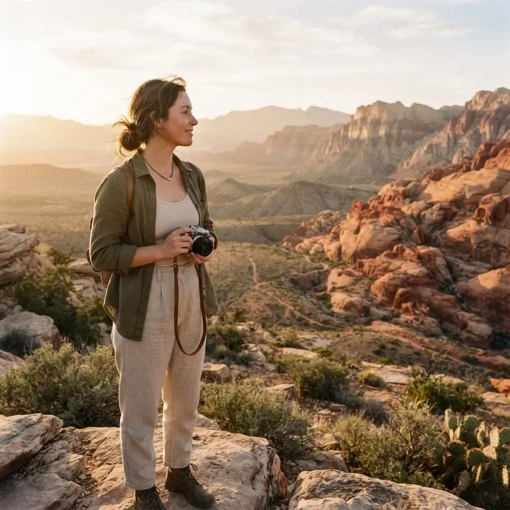 A candid eye-level view of a female traveler with brown hair in earthy linen clothing standing on sandstone rocks looking out at a golden hour sunrise over Red Rock Canyon.