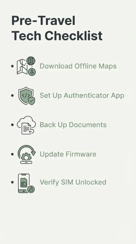 A clean, vertical checklist of essential tech preparations including offline maps, authenticator apps, and cloud backups.