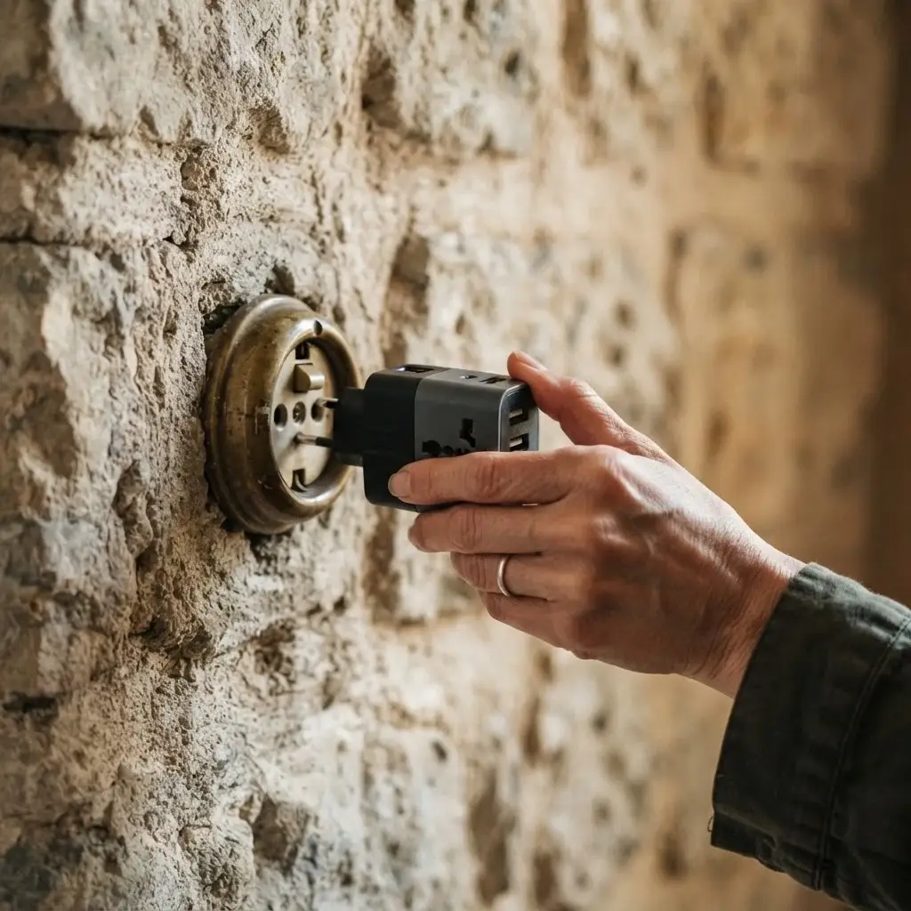 A close-up, natural shot of a traveler’s hands using a universal travel adapter in a rustic European stone-walled guesthouse bedroom.