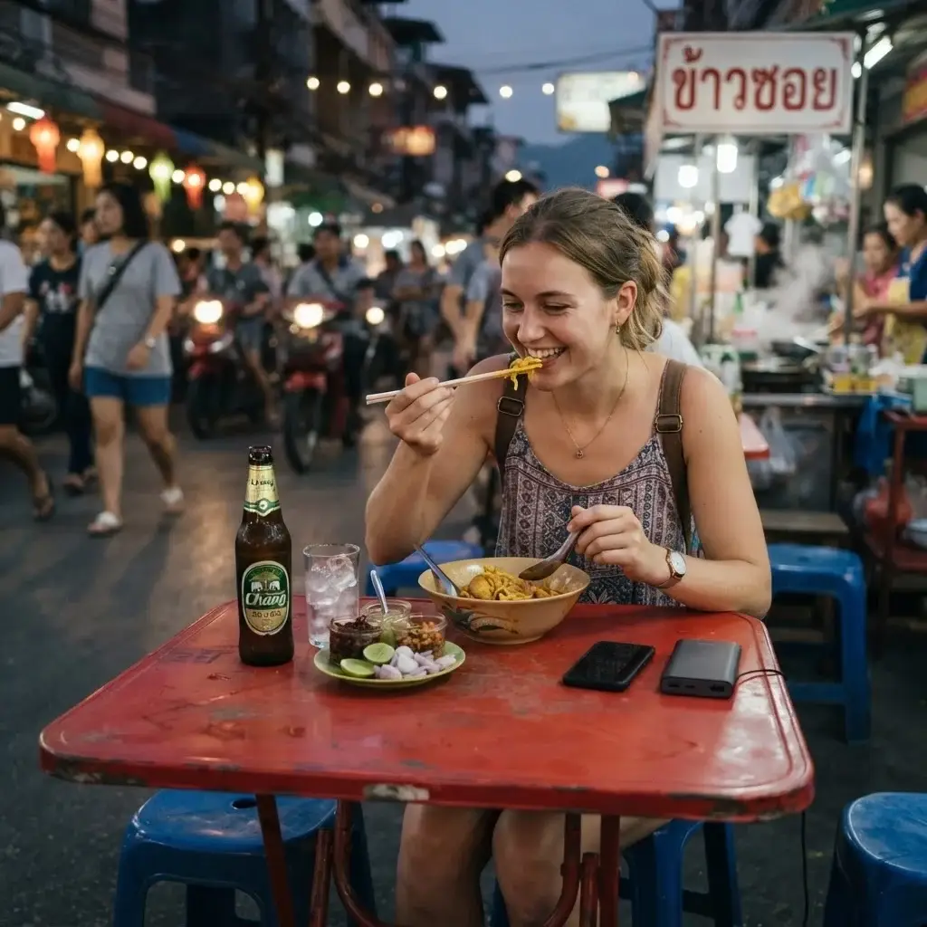 Emma Collins sitting at a small street food table in Chiang Mai, Thailand, eating Khao Soi while keeping her phone and power bank nearby.