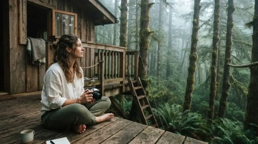 Young female solo traveler with mirrorless camera sitting on a rustic wooden treehouse balcony surrounded by old-growth forest in morning mist