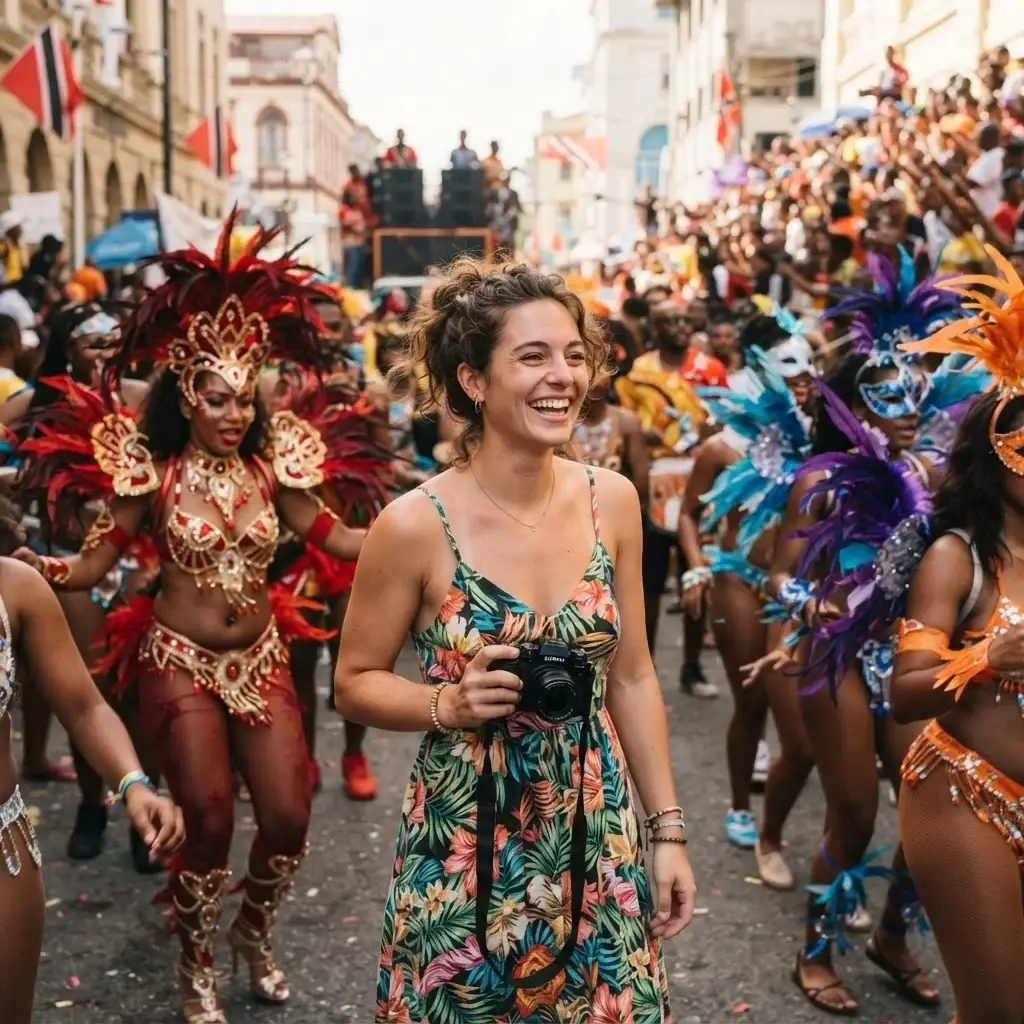 Solo female traveler immersed in vibrant Trinidad Carnival street celebrations with colorful costumed performers and festive crowd in Port of Spain