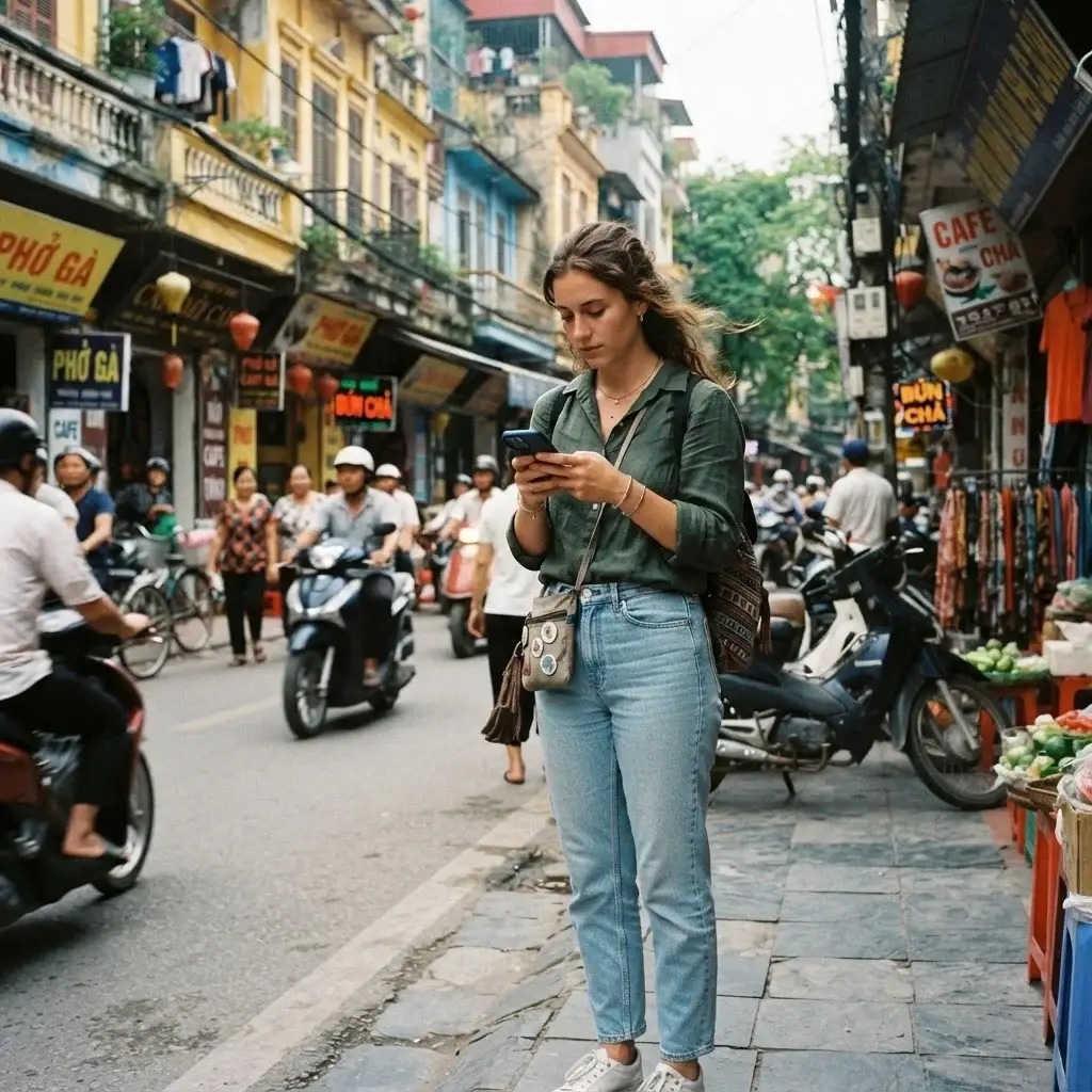 A solo female traveler looking at her smartphone for navigation while standing on a vibrant, colorful street in a tropical city, looking confident and prepared.