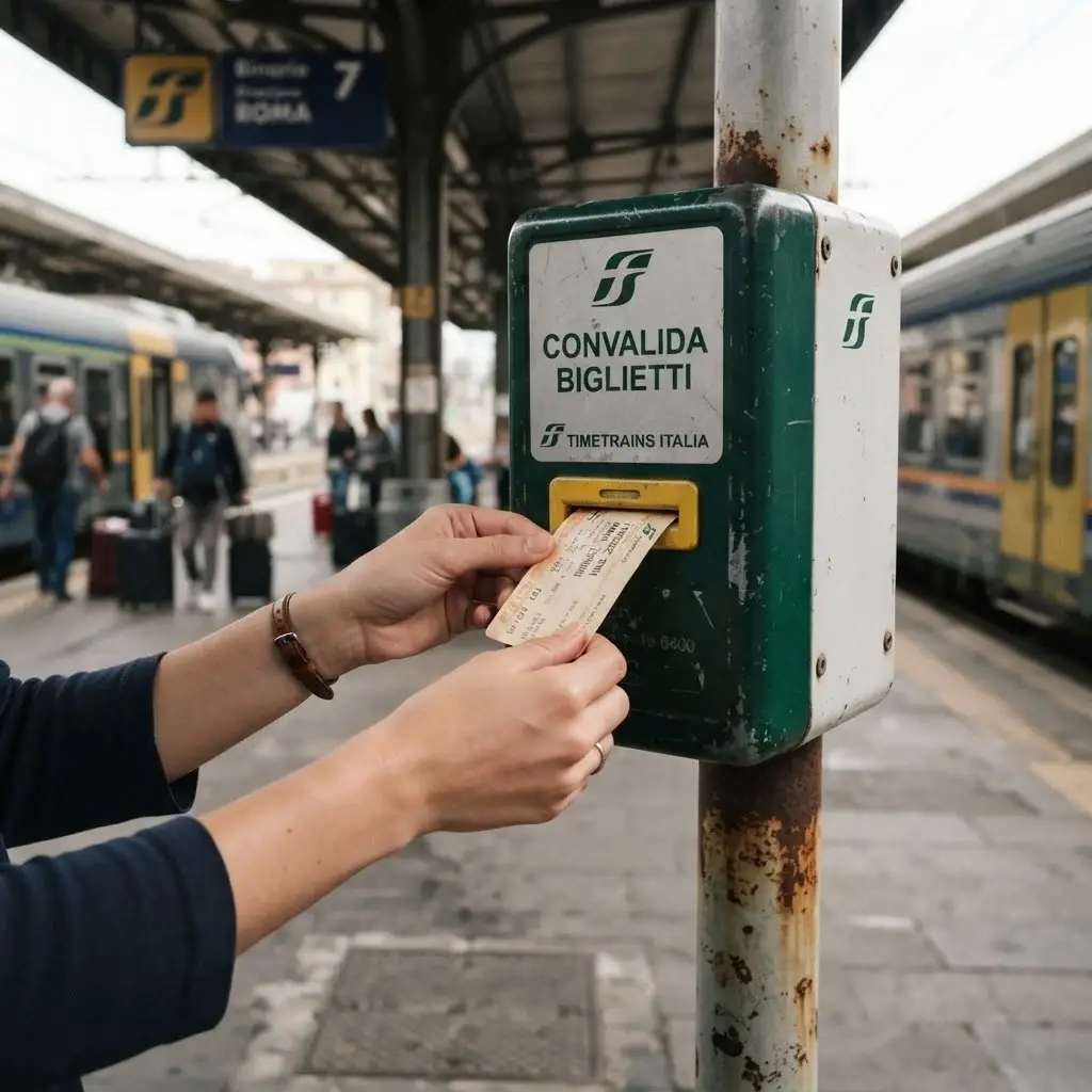 A close-up, eye-level shot of a female solo traveler validating a train ticket at a small green-and-white machine on a rustic Italian train platform.