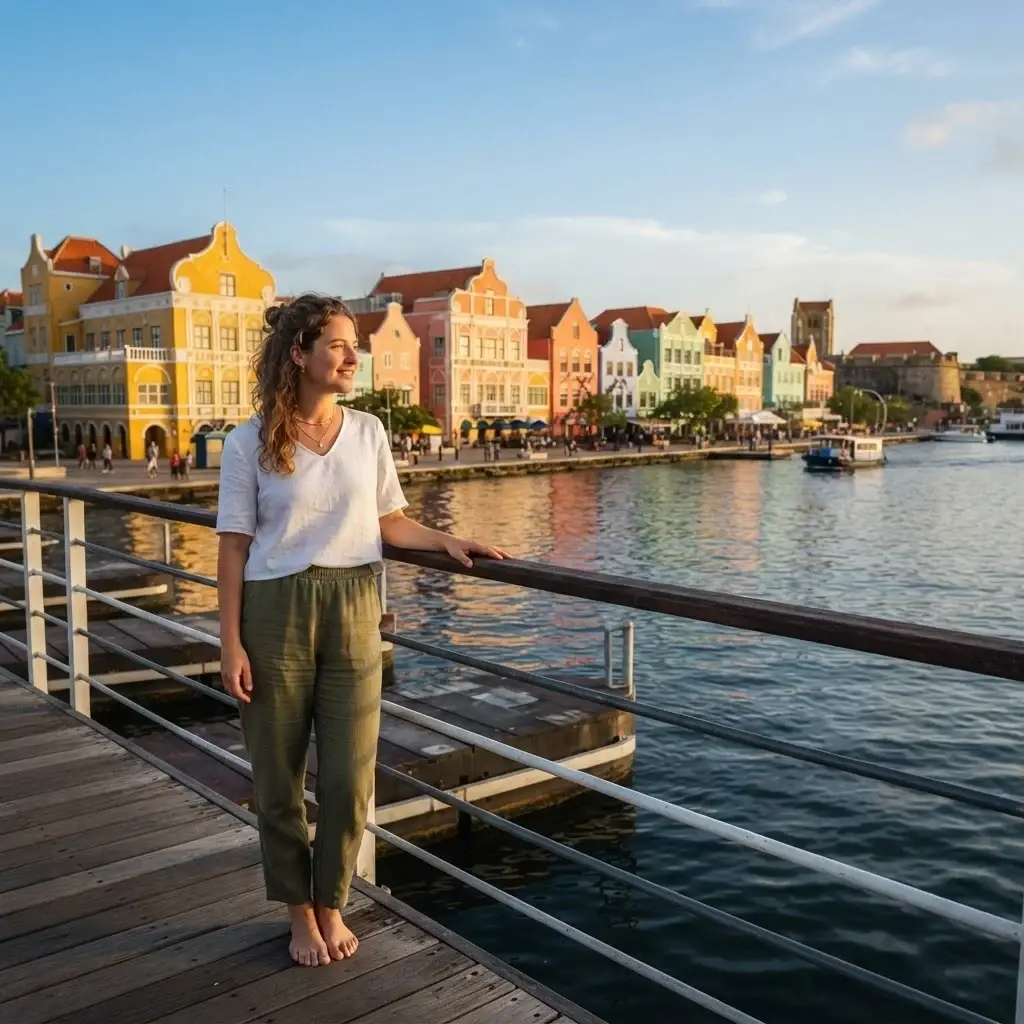 Solo female traveler standing on Queen Emma Pontoon Bridge in Willemstad Curacao with vibrant Dutch colonial colored building facades reflecting in the harbor