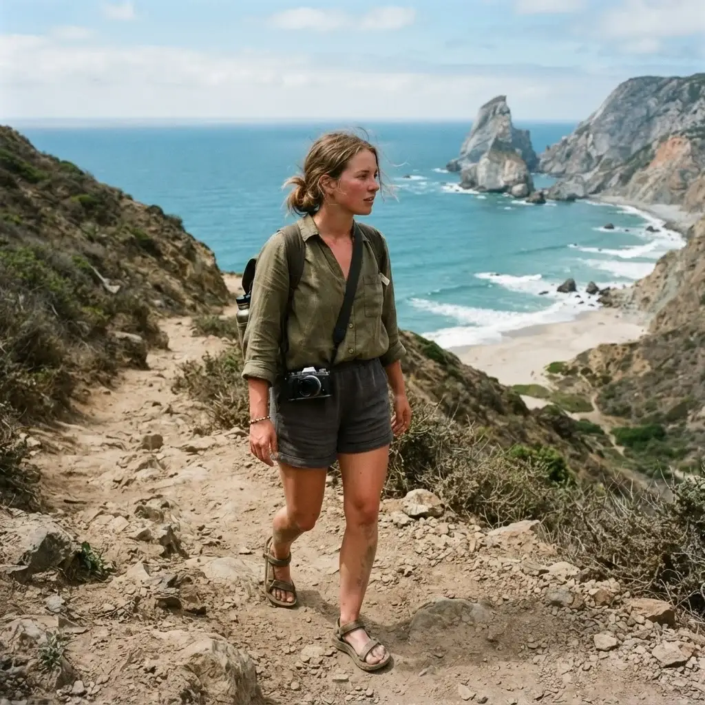 A candid eye-level photo of a solo traveler wearing hiking clothes and a camera trekking down the rocky dirt path toward the secluded Praia da Ursa in Portugal.