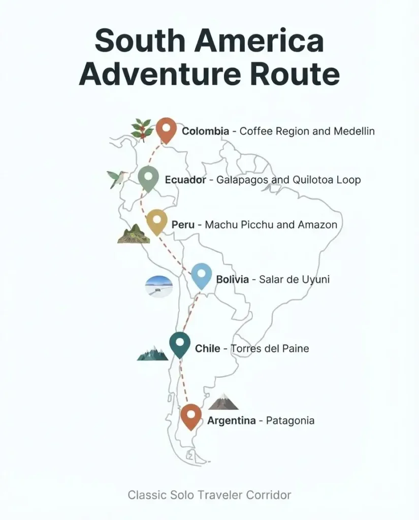 Flat design infographic comparing entry fees and permit costs for top South America adventure destinations including Machu Picchu, Torres del Paine, Galapagos, and Uyuni