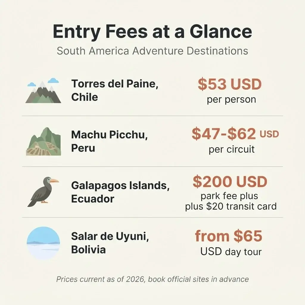 Minimalist checklist infographic of essential tips for first-time South America adventure travelers including altitude, insurance, cash, and offline maps