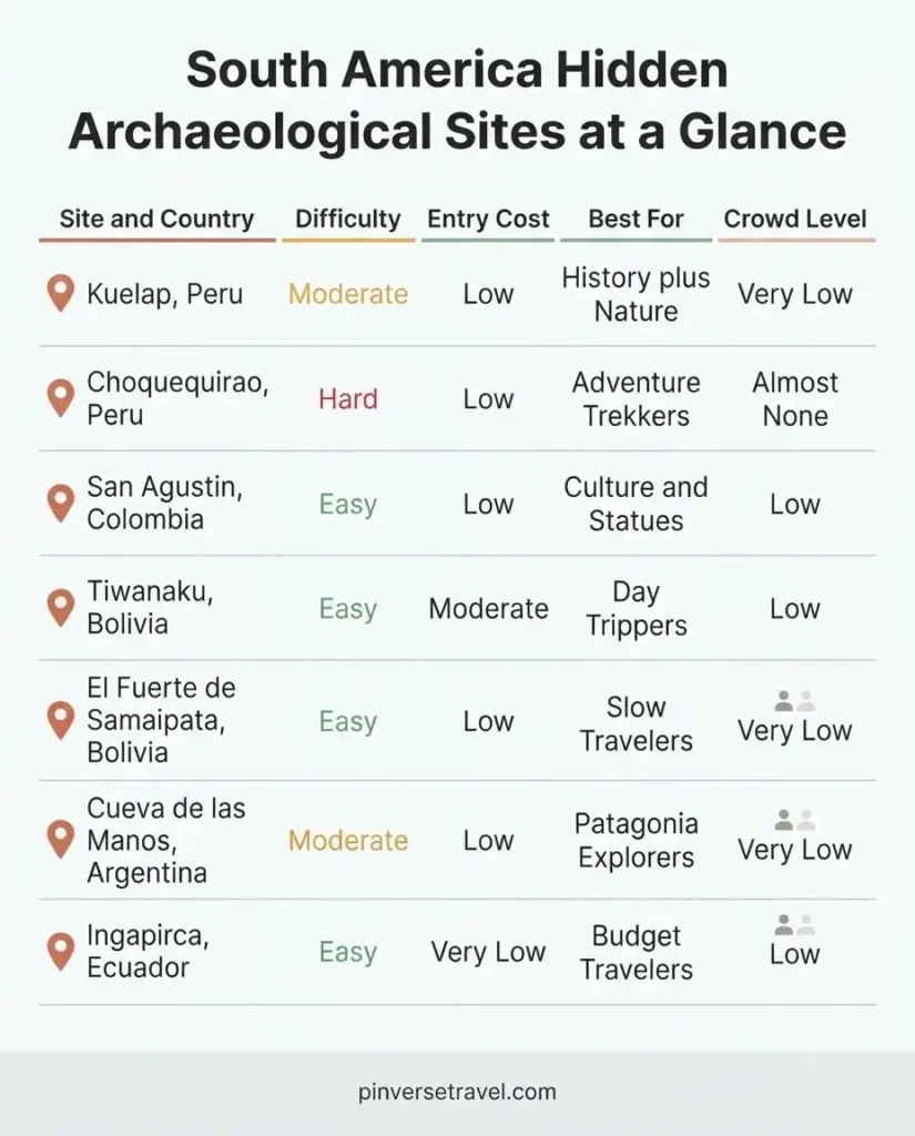 Infographic comparing seven hidden archaeological sites in South America by difficulty accessibility cost and country